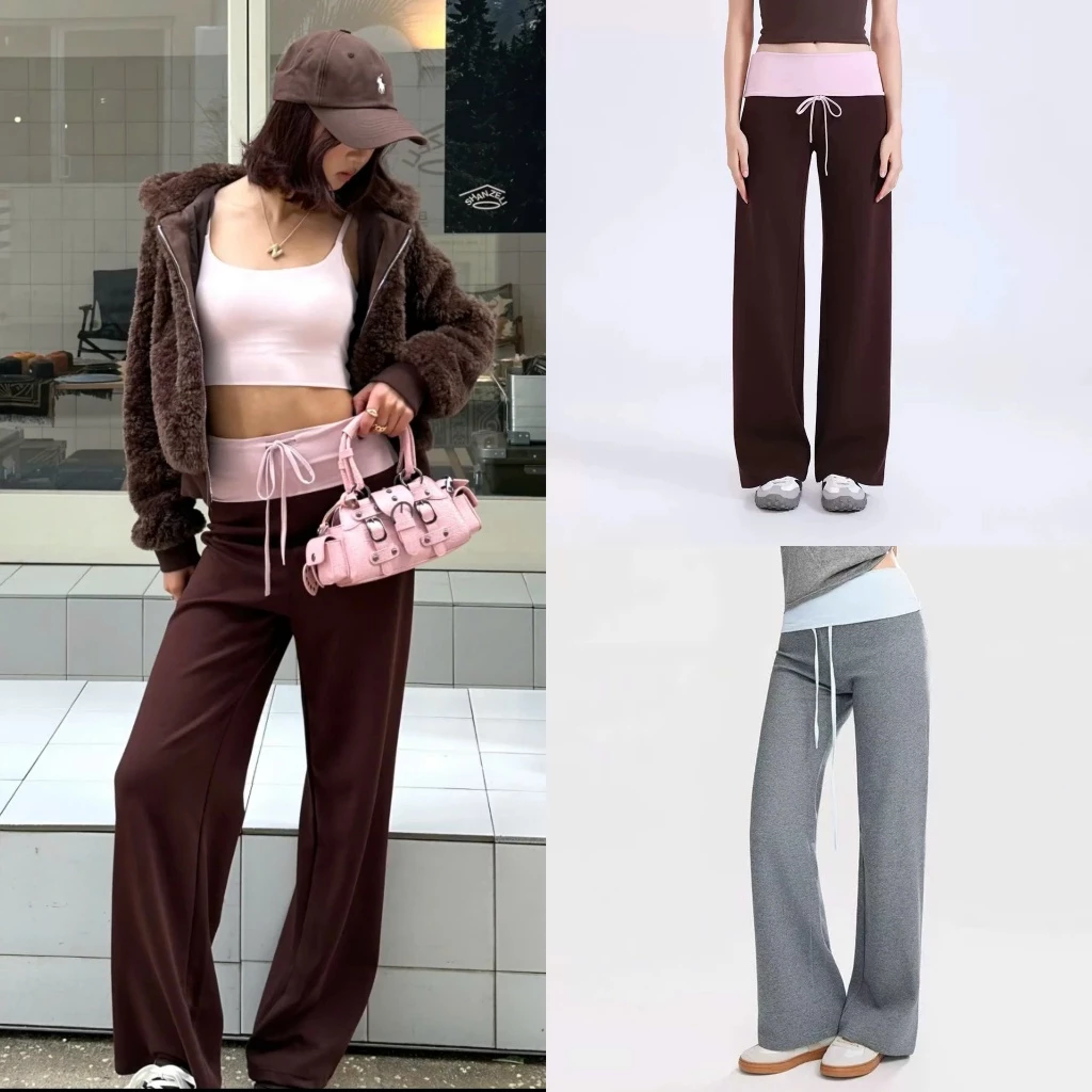 (sẵn ghi S, nâu L)Quần nữ ống rộng chất co giãn phối cạp hai màu dây buộc phong cách y2k QV021 - TikTik
