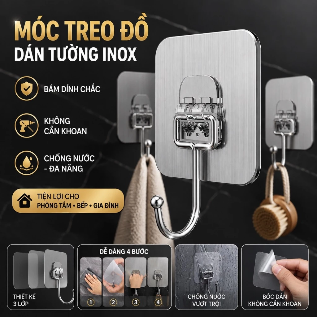 Móc Dán Tường Chịu Lực MD-01 Móc Treo Tường Bám Dính Tốt Móc Treo Đồ Đa Năng Chất Liệu Móc Inox Dễ Dàng Sử Dụng