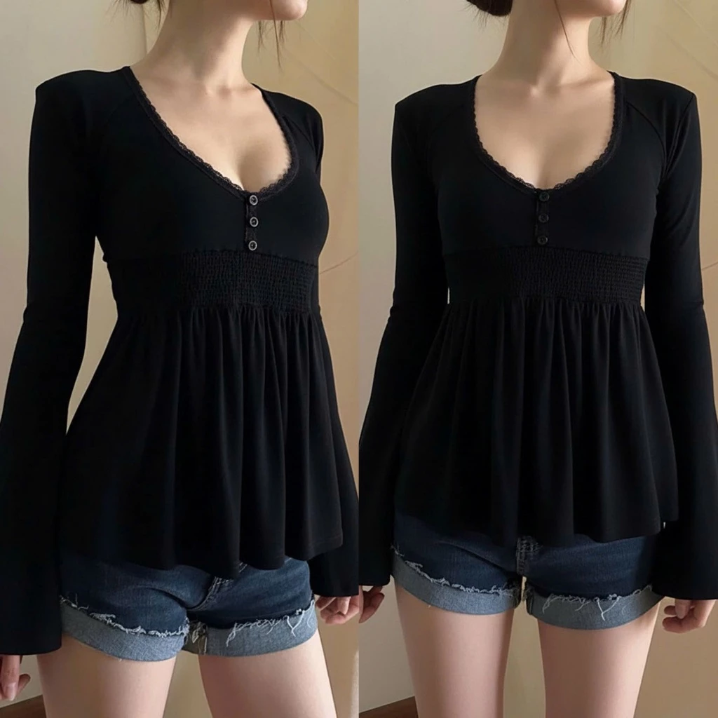 Áo dài tay dáng baby doll tay loe cổ phối khuy cài và viền ren chất co giãn - TikTik