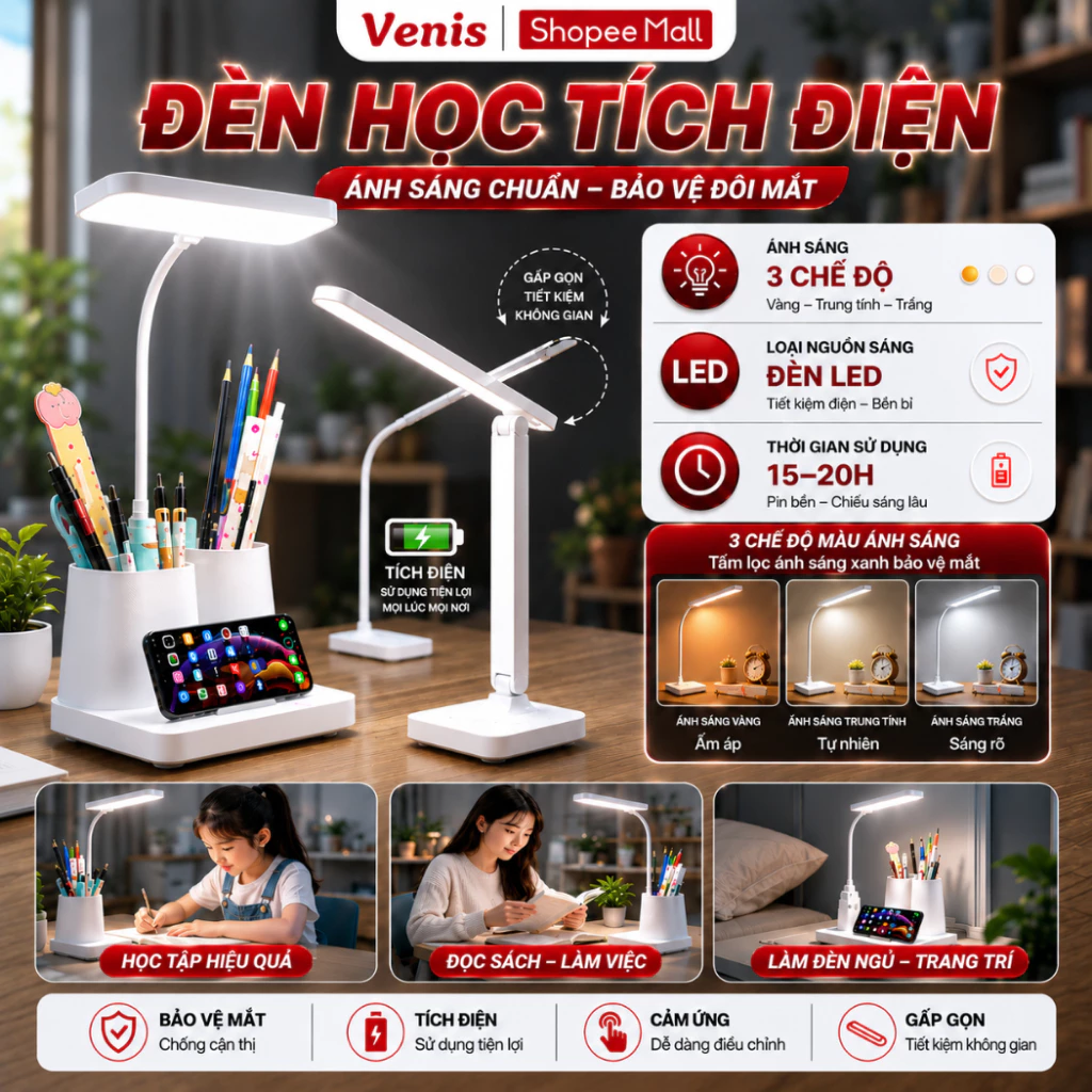 Đèn Học Để Bàn LED Tích Điện Cảm Ứng 3 Chế Độ Ánh Sáng, Bảo Vệ Mắt Chống Cận Đọc Sách