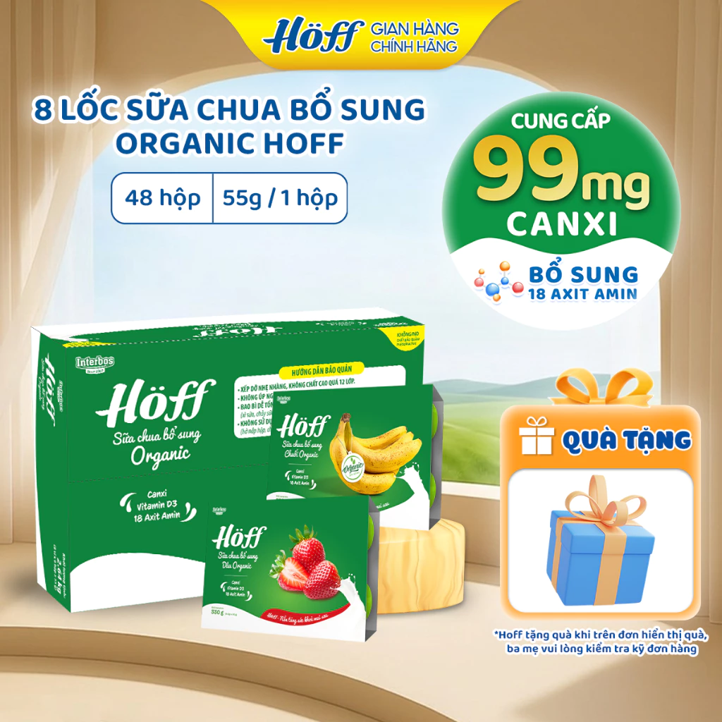 [1] Thùng Sữa chua HOFF cho bé bổ sung Chuối/ Dâu Organic ăn dặm cho trẻ em - 8 Lốc (48 hộp x 55g)