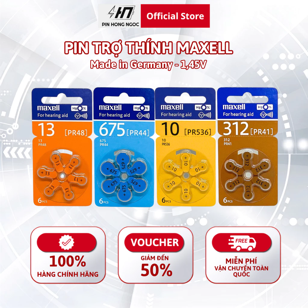 Pin máy trợ thính PR41 ( pin 312 ) , PR44 ( pin 675 ) , PR48 ( Pin 13 ) , PR536 ( Pin 10 ) MAXELL 1,45V Hàng chính hãng