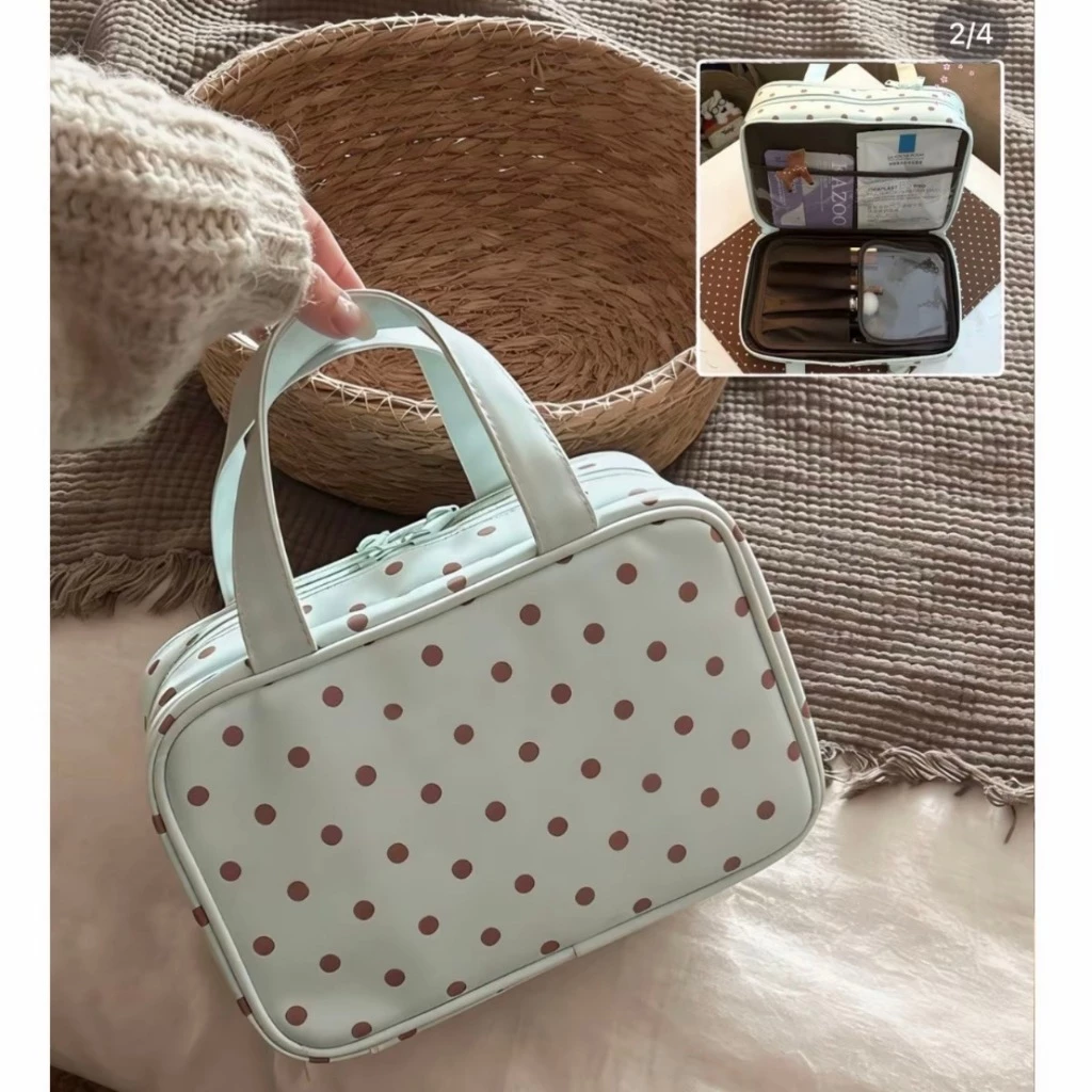 Túi Đựng Đồ Trang Điểm, Mỹ Phẩm Màu Chấm Bi, Sức Chứa Lớn, Chống Nước, Chia NgănTiện Lợi