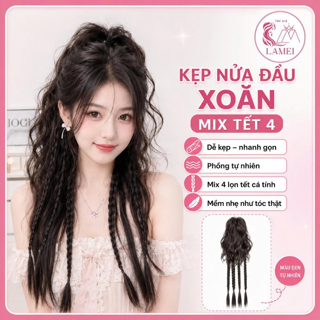 Tóc Giả Kẹp Ngoạm Xoăn Mix Tết 4 Đuôi Ngựa Phong Cách Cá Tính Lamei