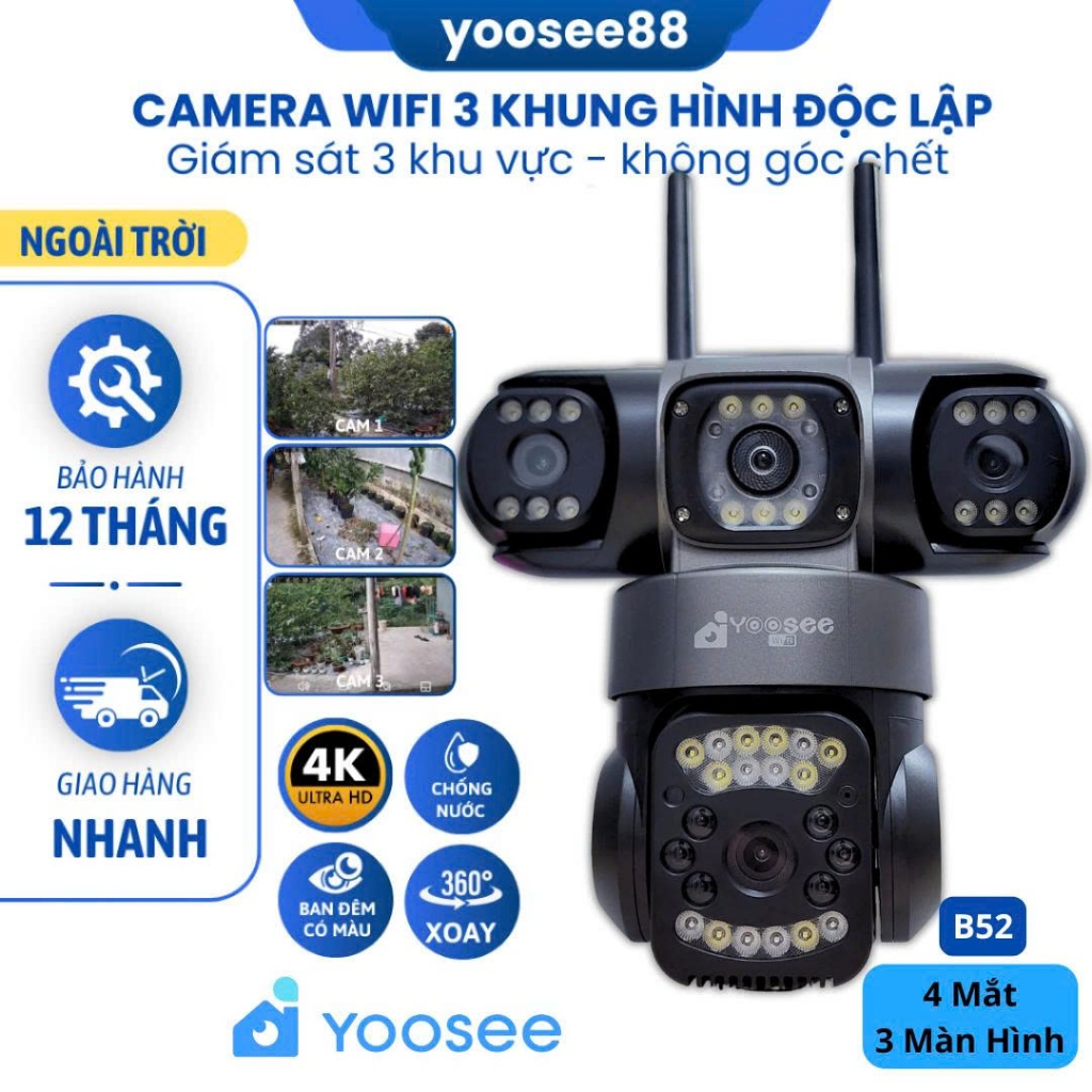 Camera WIFI YOOSEE 4 MẮT - 3 KHUNG ngoài trời xoay 360 độ, Xem Ban Đêm Có Màu…