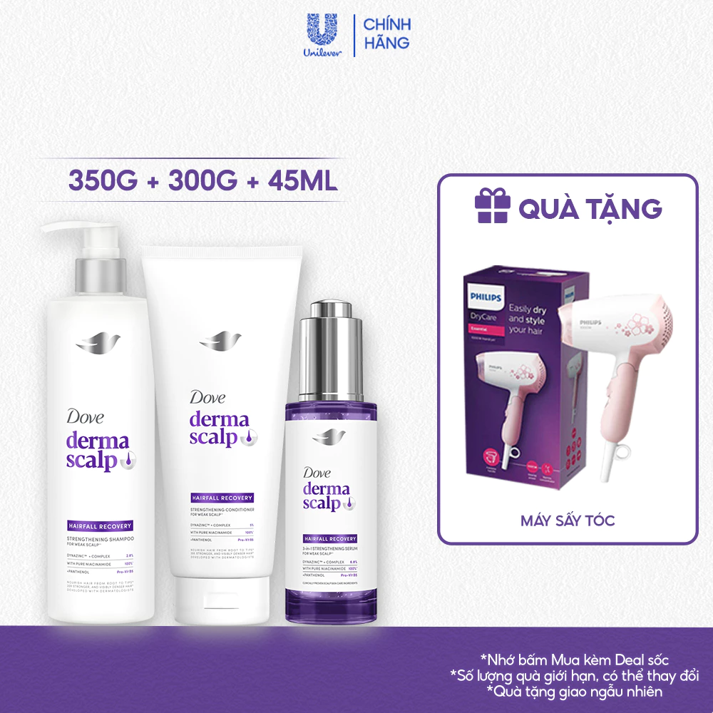 [Live] Bộ Gội - Xả - Serum Giảm rụng & Giúp tóc Phồng dày Dove Derma Hairfall Mới 350G, 300G, 45ML*