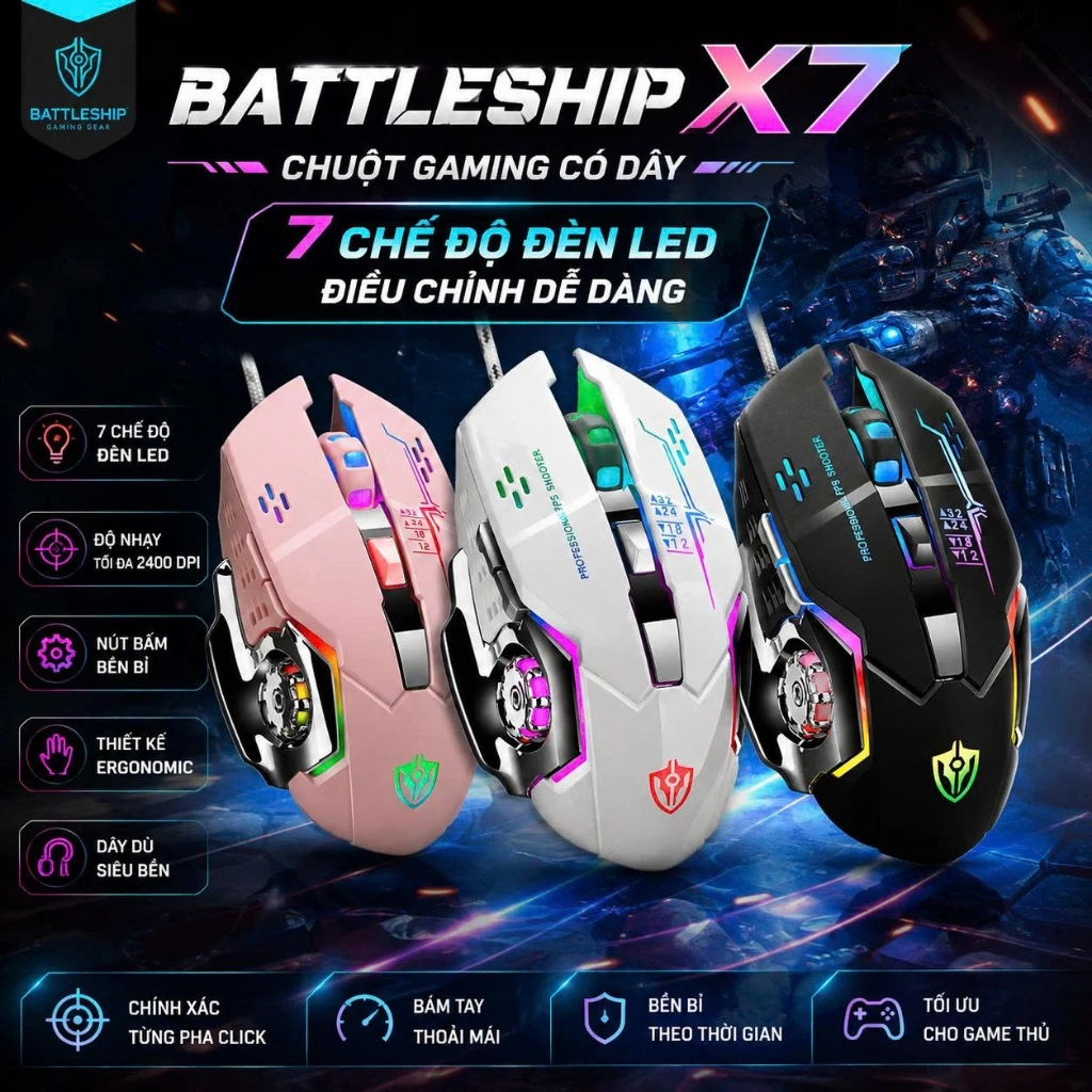Chuột Gaming Battleship X7 Có Dây LED 7 Màu, DPI 2400, Chuột PC Laptop, Thiết Kế Công Thái Học