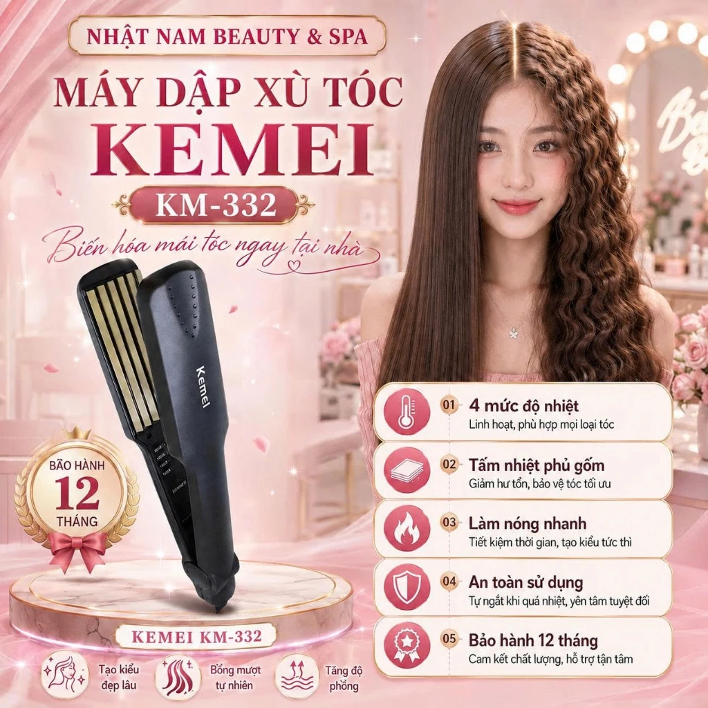 Máy Dập Phồng Tóc KEMEI KM-332, 4 Mức Độ Nhiệt, Làm Nóng Nhanh, Giúp Tạo Phồng Tóc Tự Nhiên, An Toàn Sử Dụng