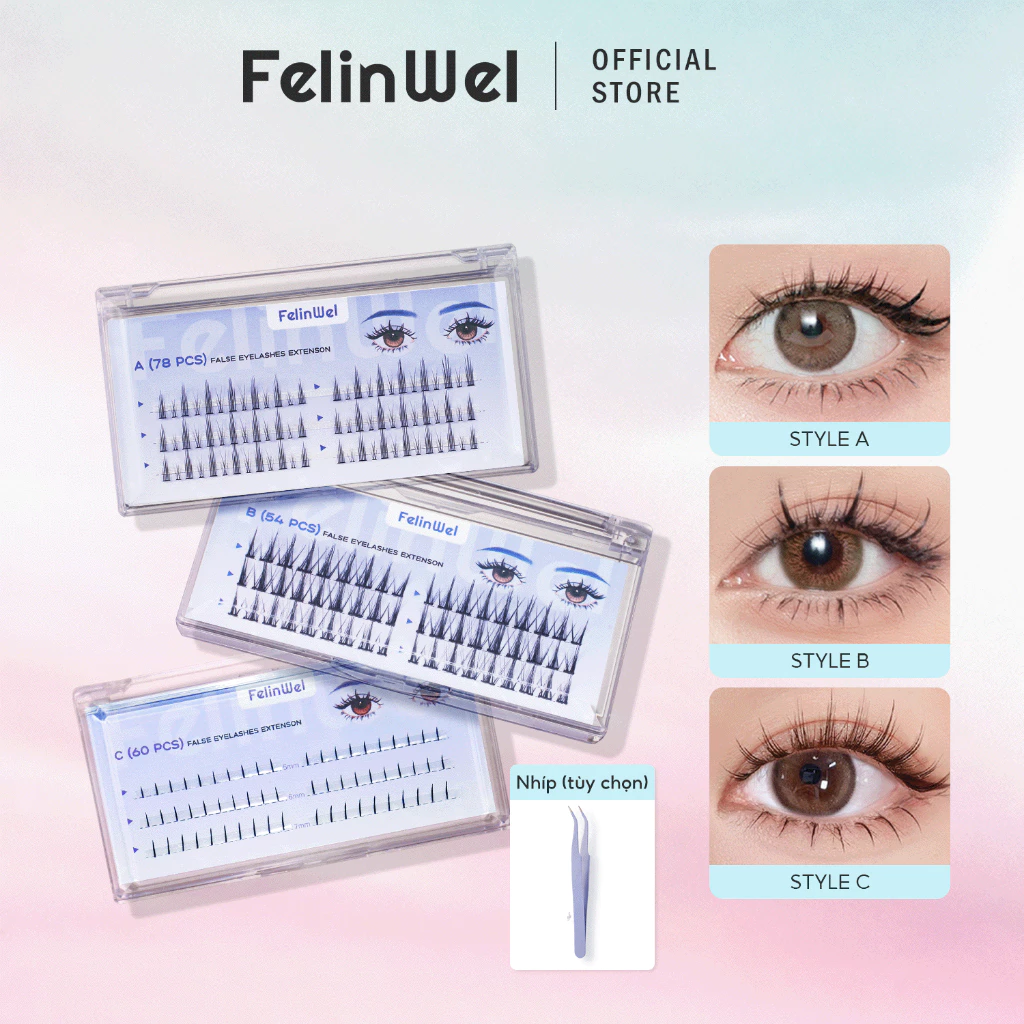 FelinWel - Mi Nối Cụm Riêng Lẻ 3 Kiểu Mềm Mại Không Độc Hại, Tái Sử Dụng Được, Kèm Tùy Chọn Keo & Nhíp