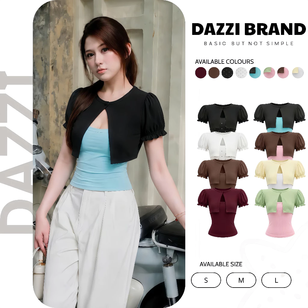 Áo thun cúp ngực phối áo khoác ngắn đính nút tay phồng chất cotton DAZZI B04