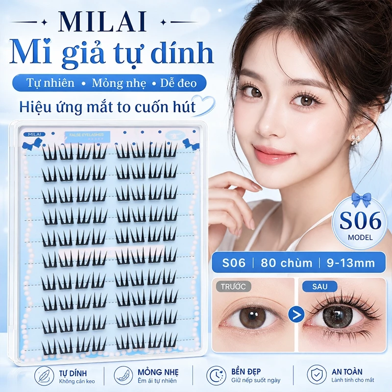 MILAI S06 lông mi giả tự dính mi chùm sợi dẹt 80 chùm mềm nhẹ tự nhiên dễ đeo makeup hàng ngày