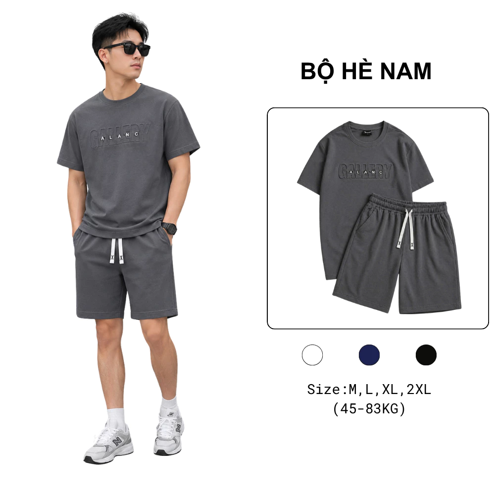 Bộ Hè Nam dập nổi Xám Ghi Đậm Tổ Ong  Áo Thun  Quần Short Màu Ghi Than Vải Mát Co Giãn BHN93