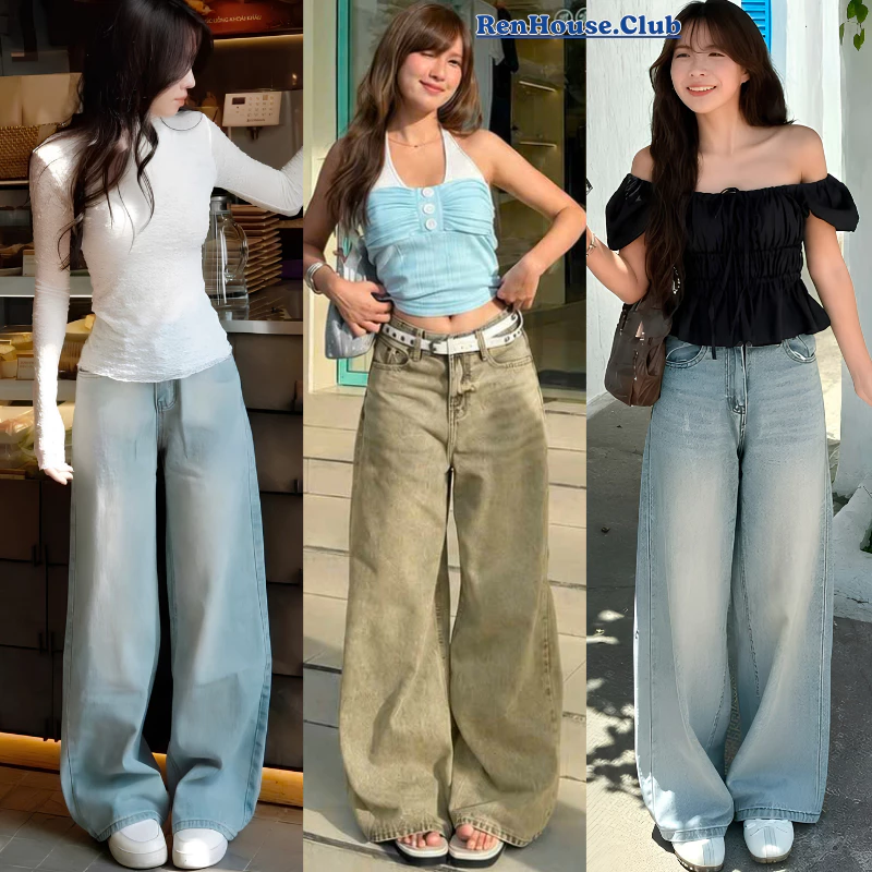 Quần Jean Bò Ống Suông Rộng nữ,quần Ống đứng Đen Wash, Quần Bò Wash RETRO Ống Rộng Suông Cạp Cao Tôn Dáng Ulzzang