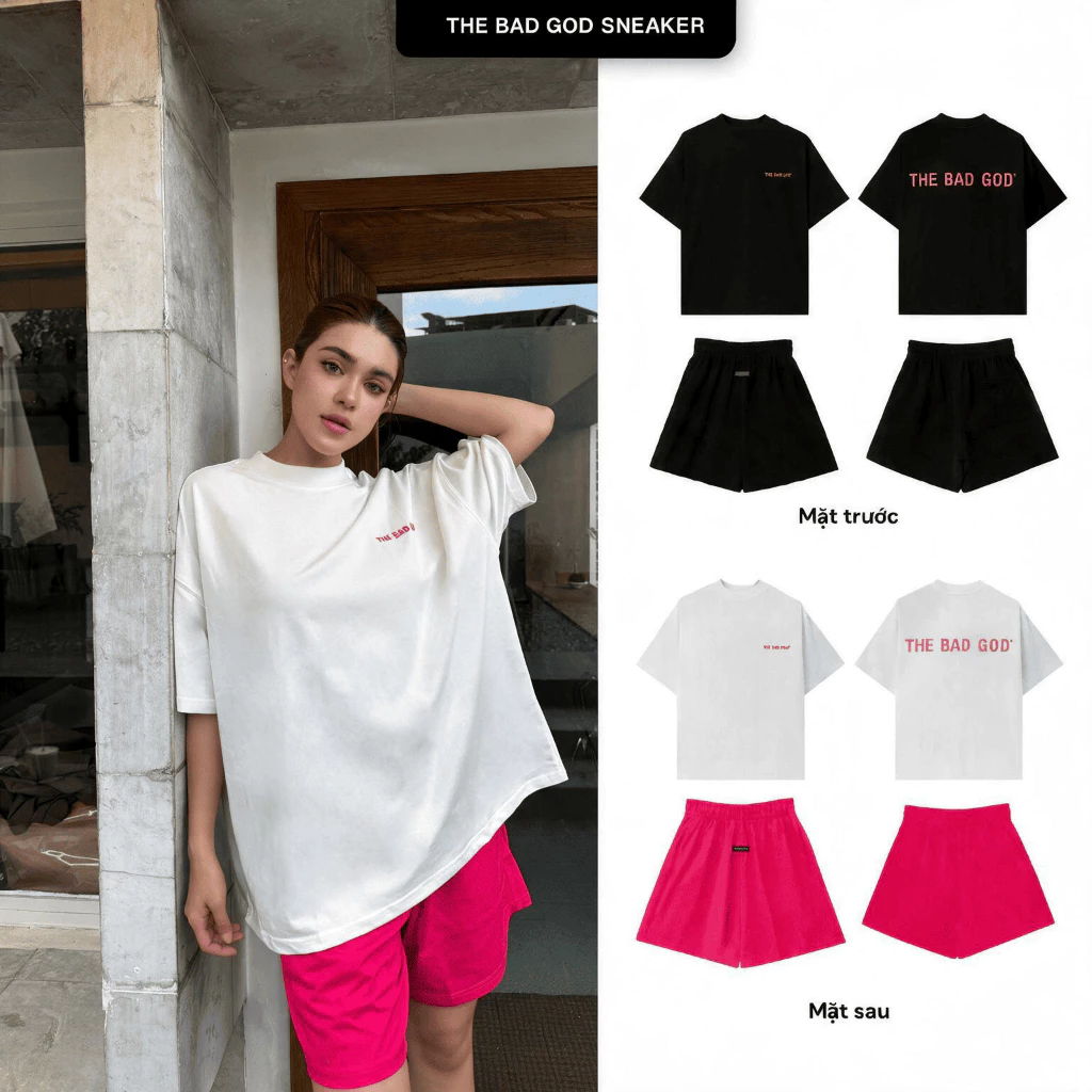Set Bộ Nữ THE BAD GOD Monopink Form Oversize Áo Thun Quần Short Phong Cách Đường Phố