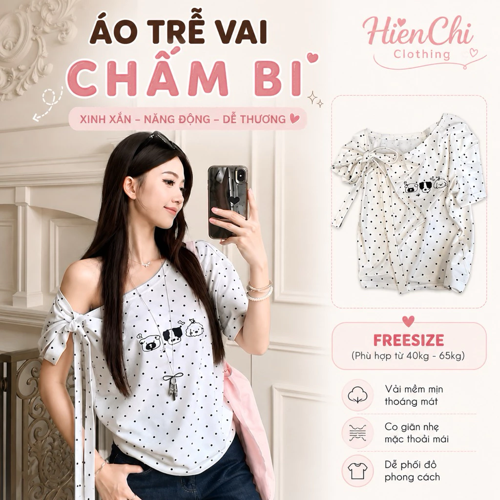 Áo Thun Nữ Chấm Bi Trễ Vai Kèm Dây Thắt, Áo Kiểu Mùa Hè Hình In Cute Mặc Đi Chơi, Du Lich