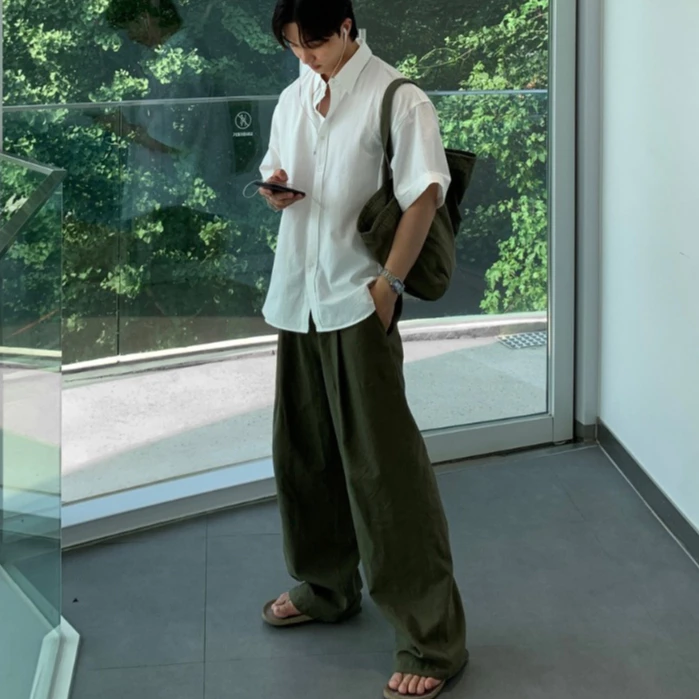 Set Áo Sơ Mi Cộc Tay + Quần Dài Linen Nam Mùa Hè Thu Phong Cách Hàn Quốc Đi Học Đi Làm J78