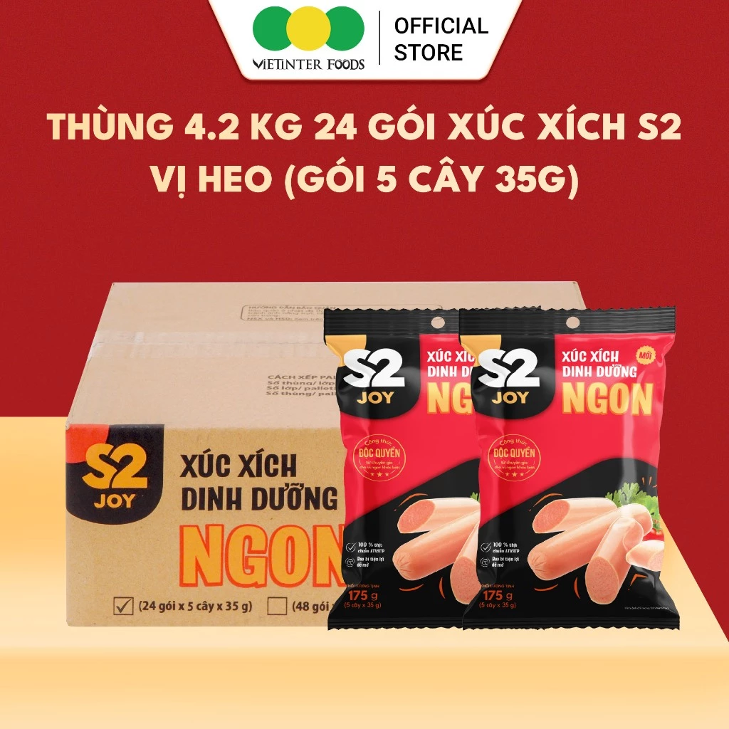 Thùng 24 Gói Xúc Xích Dinh Dưỡng S2 Vietinter Foods (Gói 5 Cây, Cây 35g)