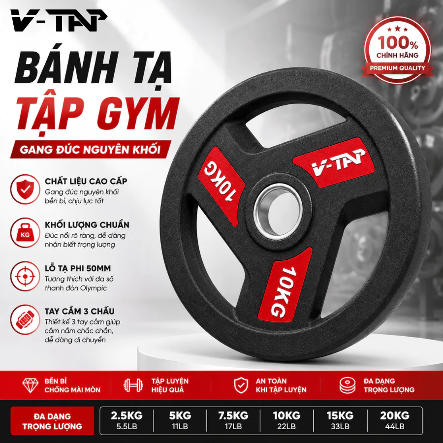 Bánh Tạ V-TAP Phi 50mm ,Tạ Đĩa Chất Liệu Gang Bọc Cao Su Không Gây Xước Sàn Nặng 10Kg/ 15Kg/ 20Kg