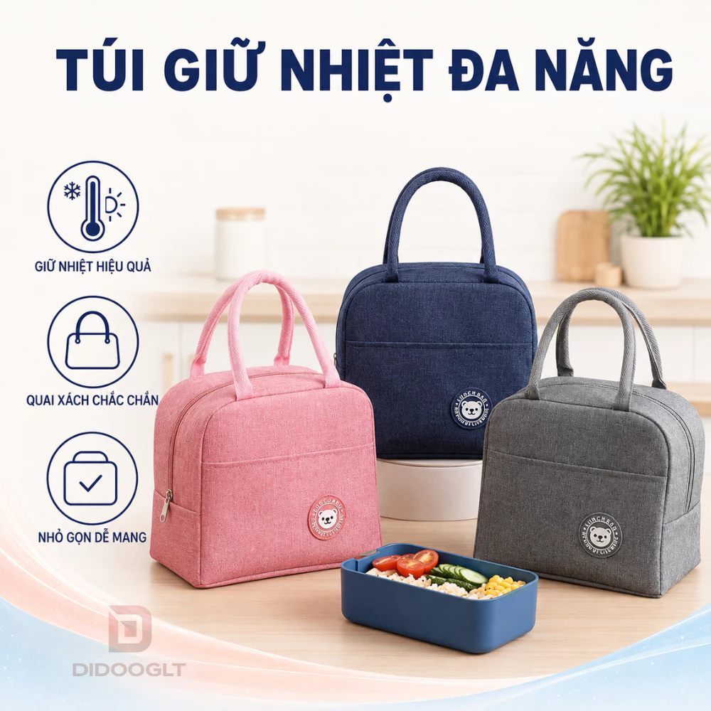 Túi Giữ Nhiệt Đựng Cơm DIDOOGLT Có Quai Xách, Túi Đựng Hộp Cơm Văn Phòng Chống Thấm Nước