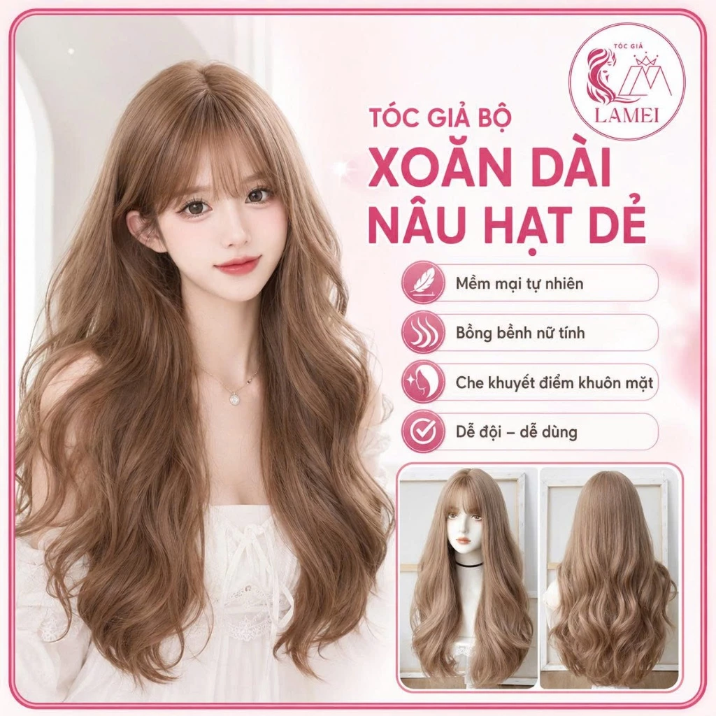 Tóc Giả Nguyên Đầu Xoăn Sóng Dài Màu Nâu Hạt Dẻ Phong Cách Hàn Quốc  9079