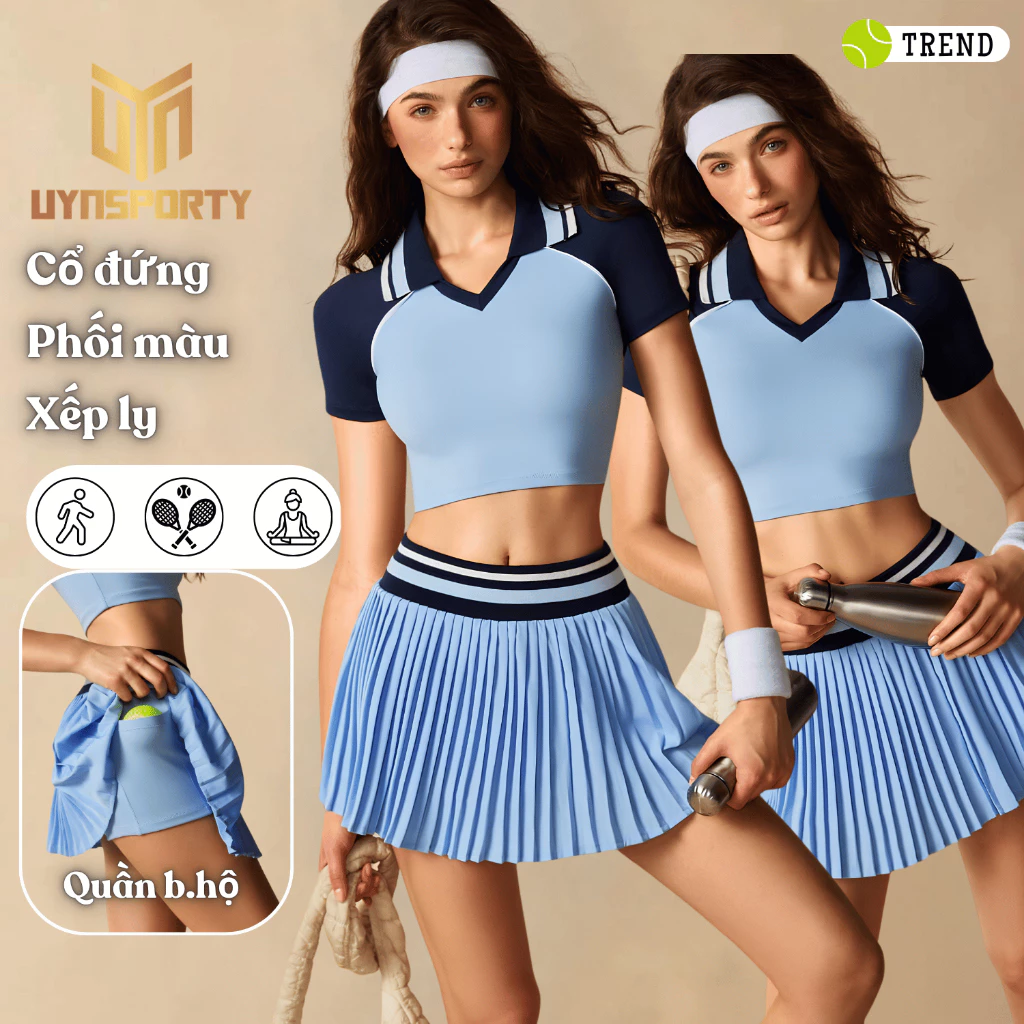 Đồ Tập Pickleball Nữ UYNSPORTY Áo Croptop Cổ Đứng Tay Ngắn, Chân Váy Quần Xếp Ly Sọc Kẻ, Bộ Tập