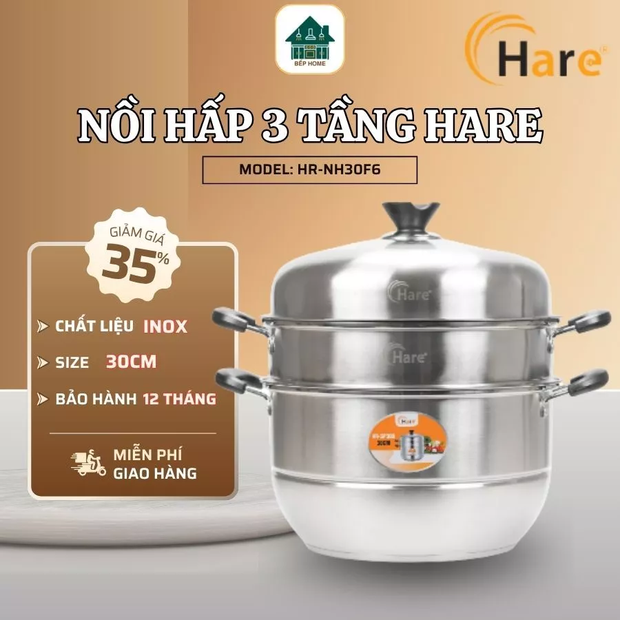 Bộ Nồi Hấp 3 Tầng Hare HR-SP300 Đường Kính 30cm Phù Hợp Hấp Nhiều Thực Phẩm, Giữ Trọn Hương Vị - Bếp Home