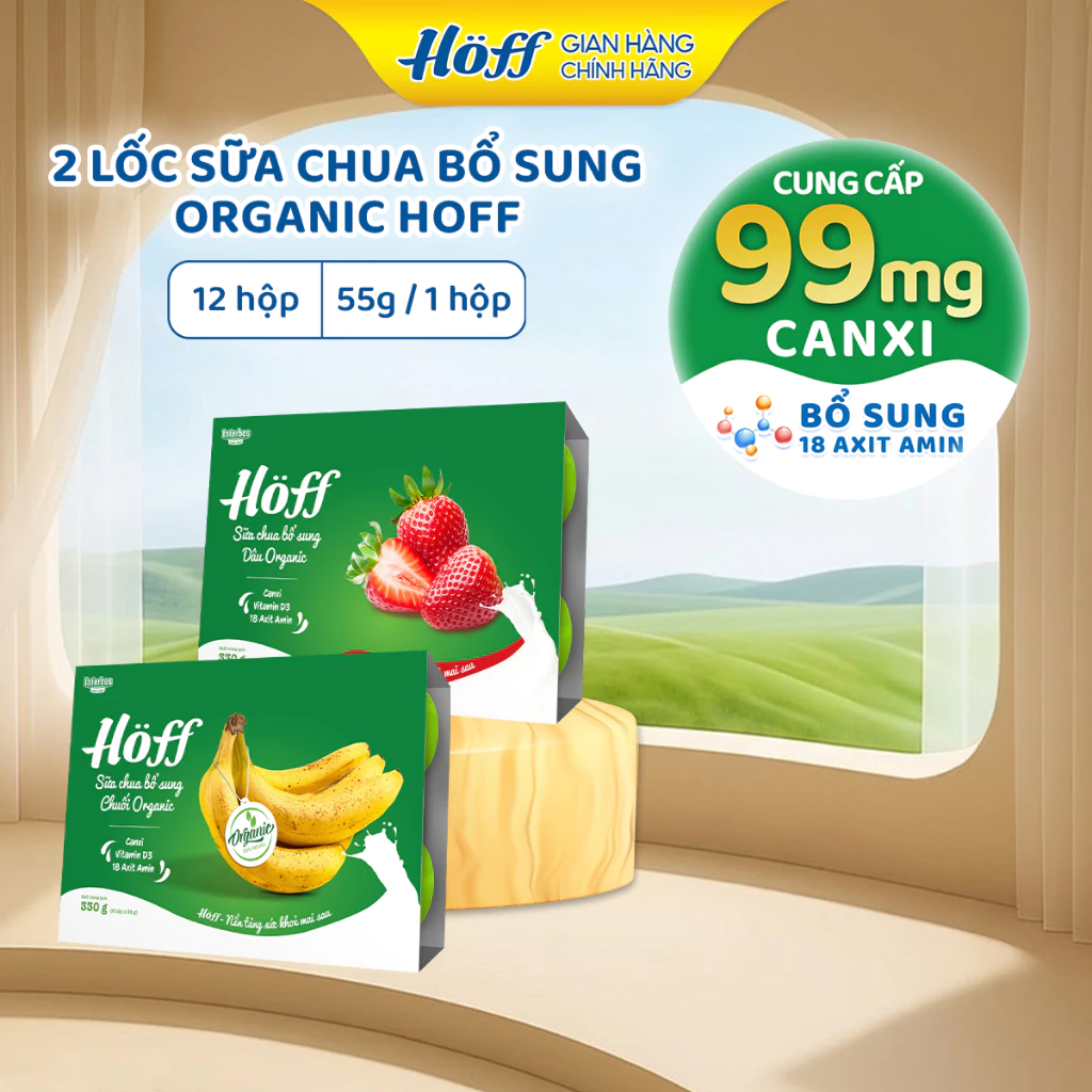 Combo Sữa Chua HOFF mix vị bổ sung Chuối/Dâu Organic bổ sung dưỡng chất cho bé 2 Lốc (12 hộp x 55g)