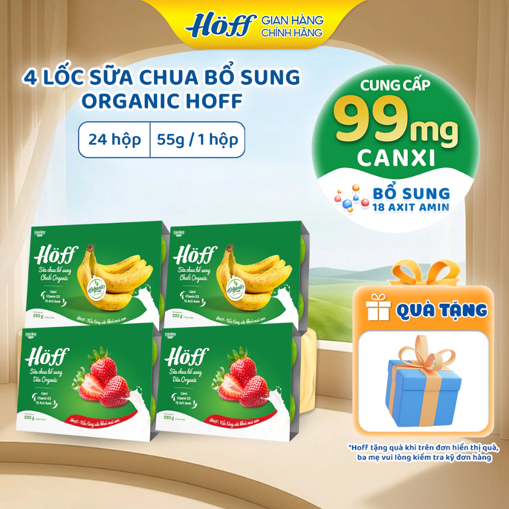 Sữa chua cho bé HOFF mix vị bổ sung Chuối, Dâu Organic bổ sung vitamin axit amin- 4 LỐC (24 hộpx55g)
