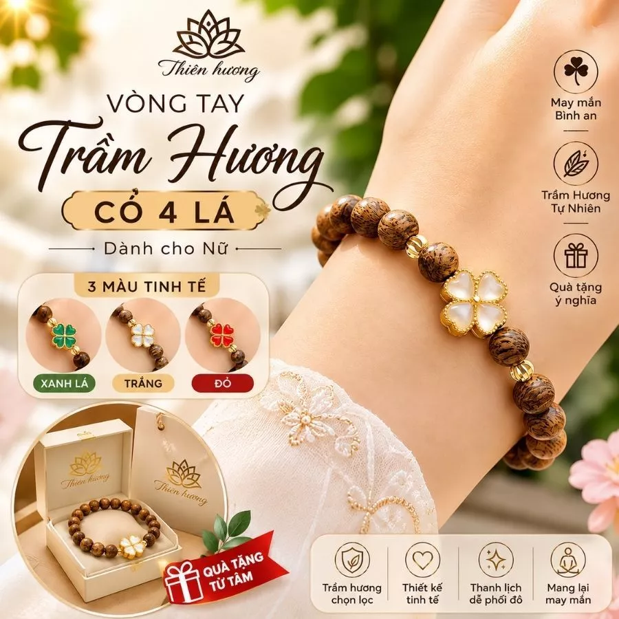 Vòng tay cỏ bốn lá Trầm Hương dành cho nữ 3 màu quà tặng sinh nhật may mắn, bình an..Thienhuong