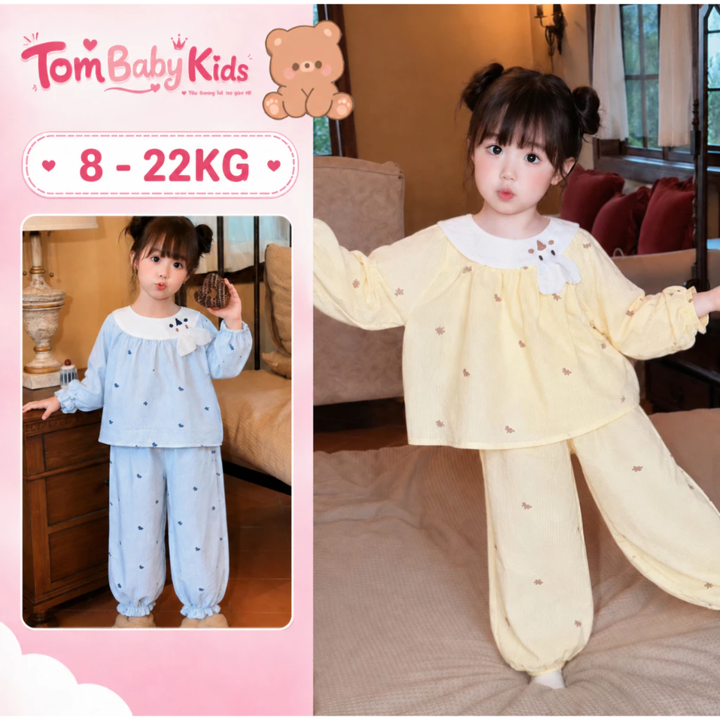 Bộ đồ ngủ bé gái, bộ dài tay mặc nhà bé gái họa tiết dễ thương cổ sen, chất mềm mại 8-22kg Tom Baby Kids [THU-151]
