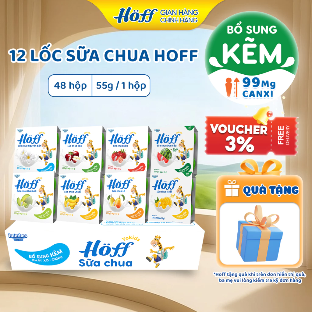 Thùng Sữa Chua trẻ em HOFF Mix vị ăn dặm cho bé từ 6 tháng- 12 Lốc (48 hộp x 55gr)