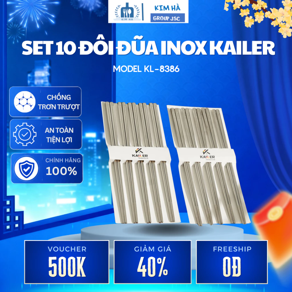 Hộp 10 Đũa Inox 316 Kailer - Đũa Inox Chống Trượt Cao Cấp Chống Mốc, Chống Trơn Trượt - Kim Hà Group JSC