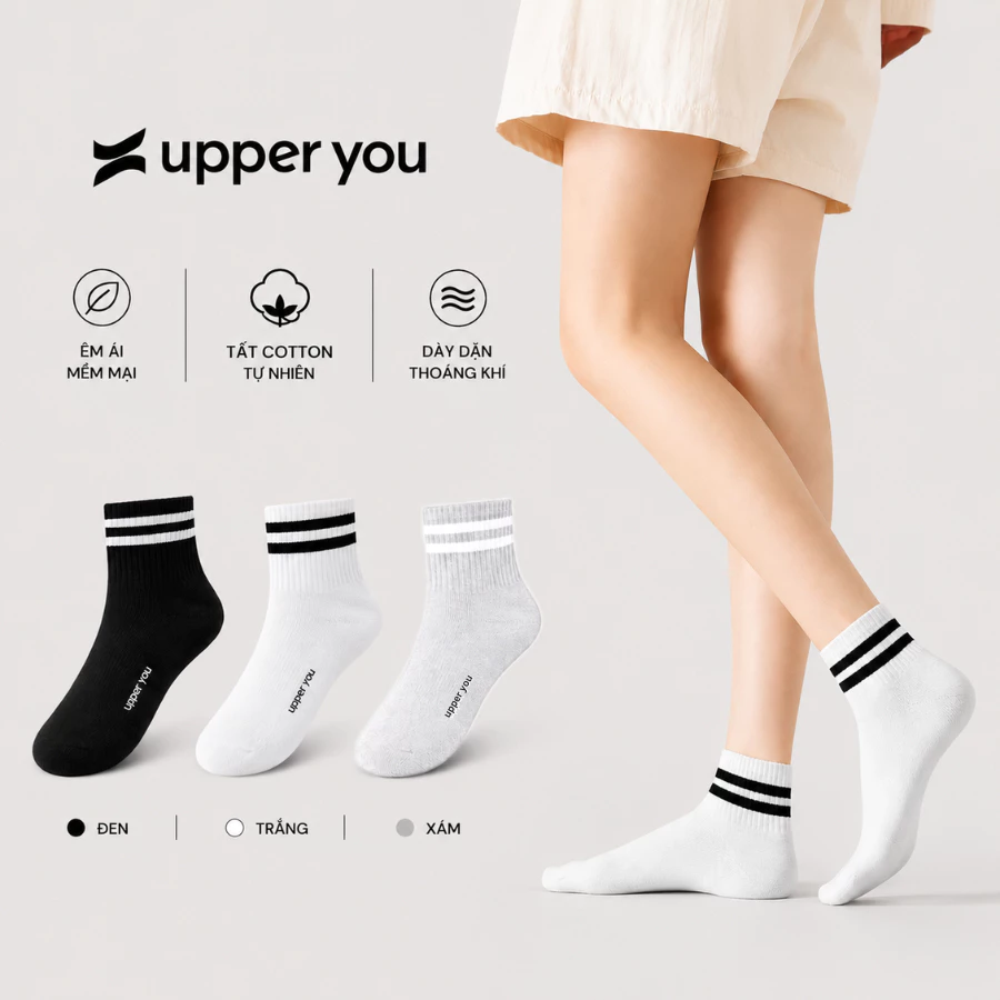 Tất Vớ Cotton Nam Nữ UPPER YOU Cổ Ngắn Kẻ Sọc Êm Ái Dày Dặn Thoáng Khí Khử Mùi - BSF2002
