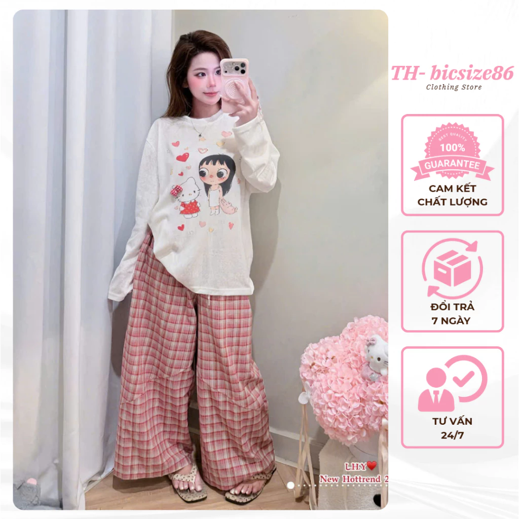 Set áo thun giấy dài tay mix quần dài kẻ sọc caro mặc ở nhà đi chơi thoải mái