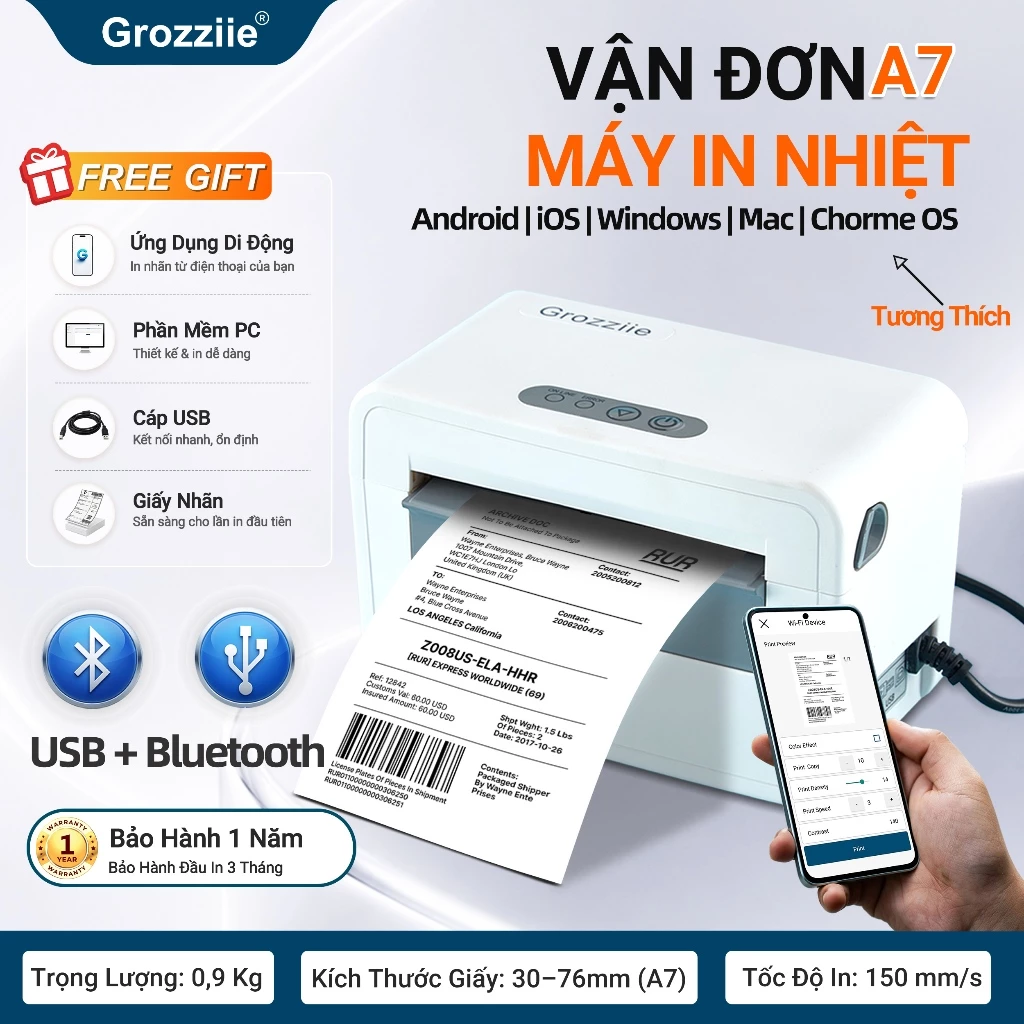 Máy In Nhiệt Vận Đơn 3 Inch | Máy In Mã Vạch & Nhãn Hóa Đơn | USB + Bluetooth + i0S
