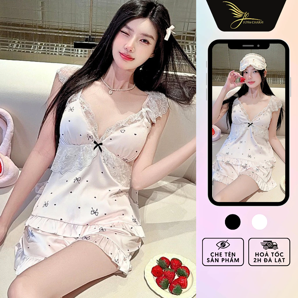 Bộ Ngủ 2 Dây Quần Đùi, Đồ Mặc Nhà Họa Tiết JUNA Freesize Thời Trang Đồ Ngủ Dành Cho Nữ, Chất Lụa Phối Ren Cao Cấp/SP5362