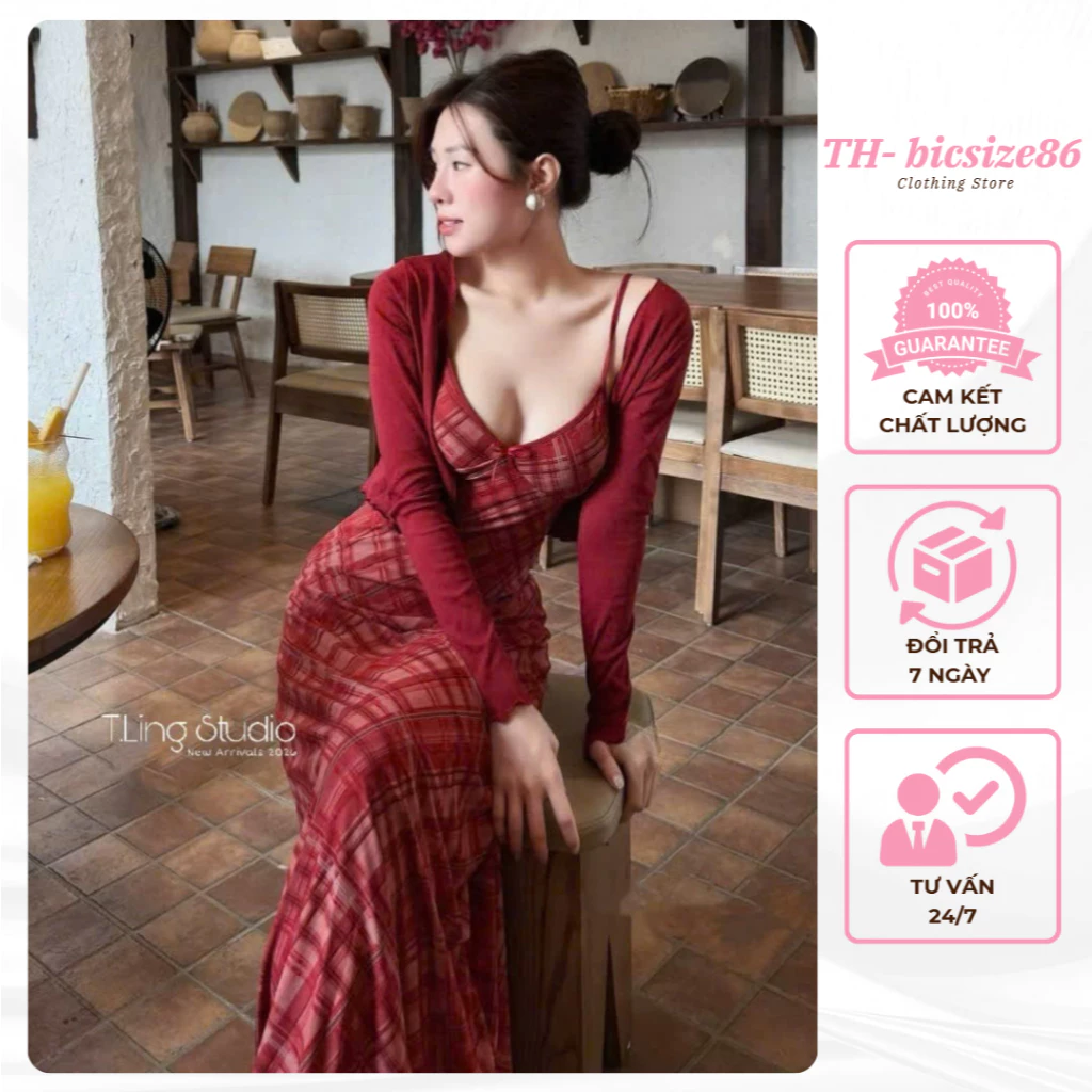 Váy hai dây kẻ khoét ngực dáng dài mix áo choàng nhẹ nhàng sang chảnh