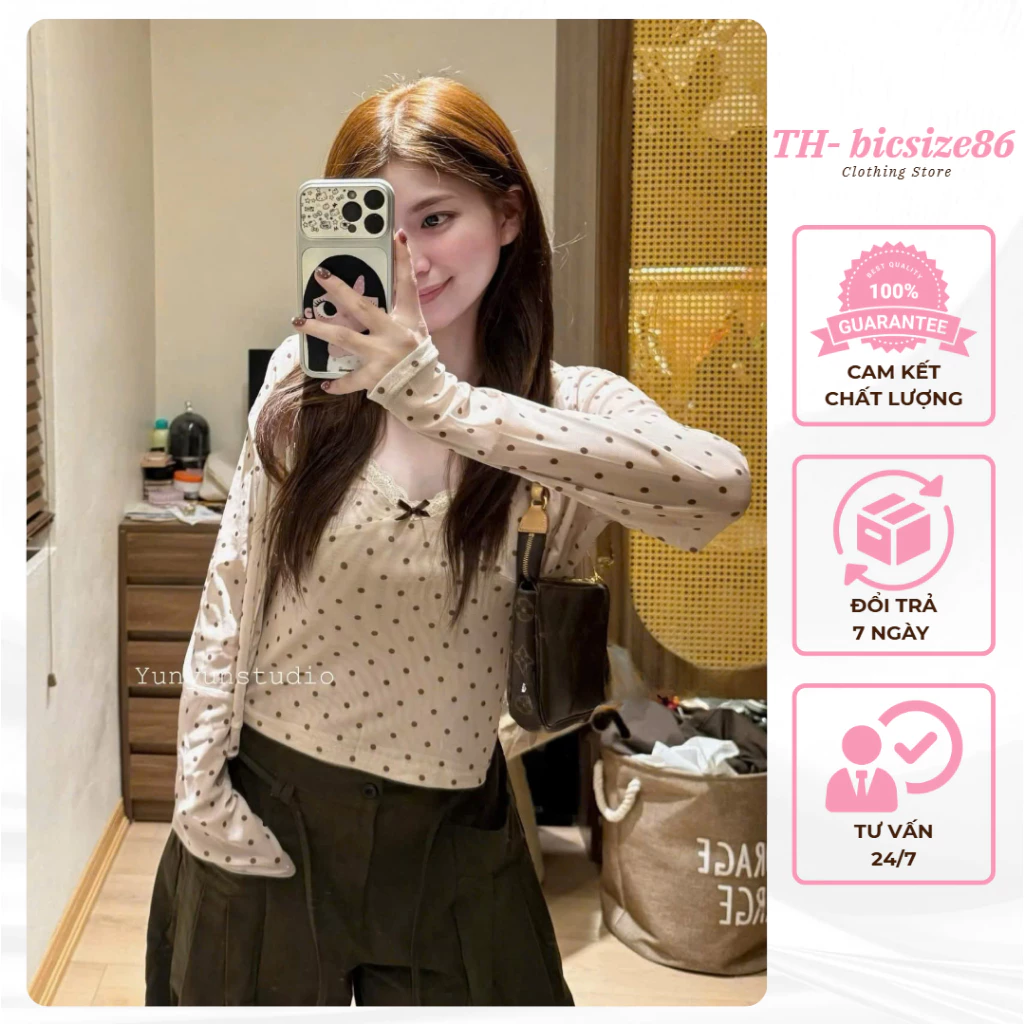Set áo hai dây khoét cổ mix áo khoác dài tay chấm bi hottrend form dưới 55kg