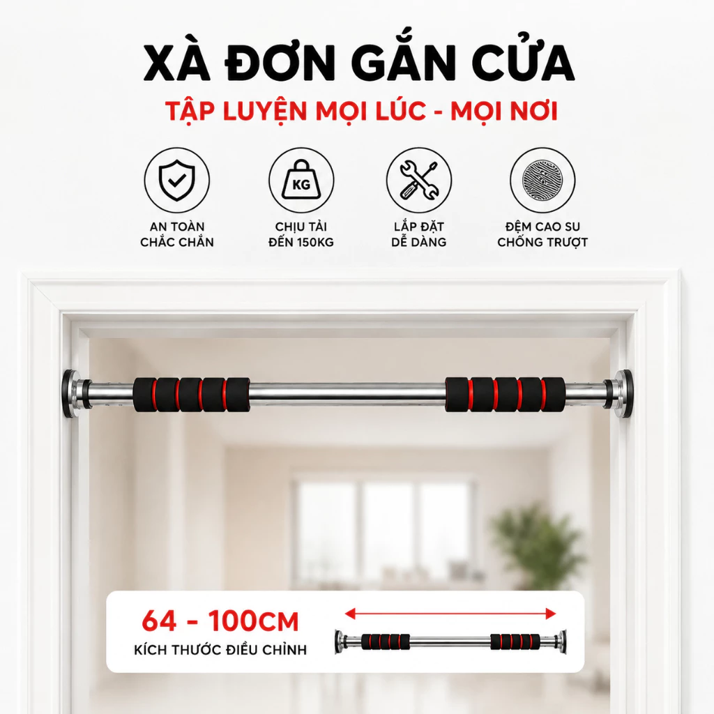[Wx] Xà đơn gắn cửa treo tường, xà đơn gắn cửa cao cấp 2026 kích thước 60-100cm đa năng tập cơ bụng