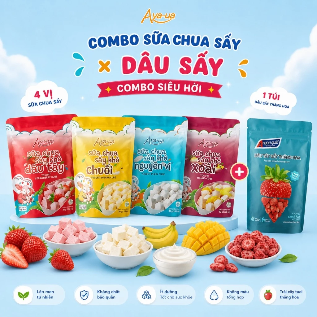 Combo 04 Gói Sữa Chua sấy Khô Aya-ua (Gói 10g/16g) và 01 Dâu Tây Sấy Khô Thăng Hoa A ngon quá (Gói 20g)