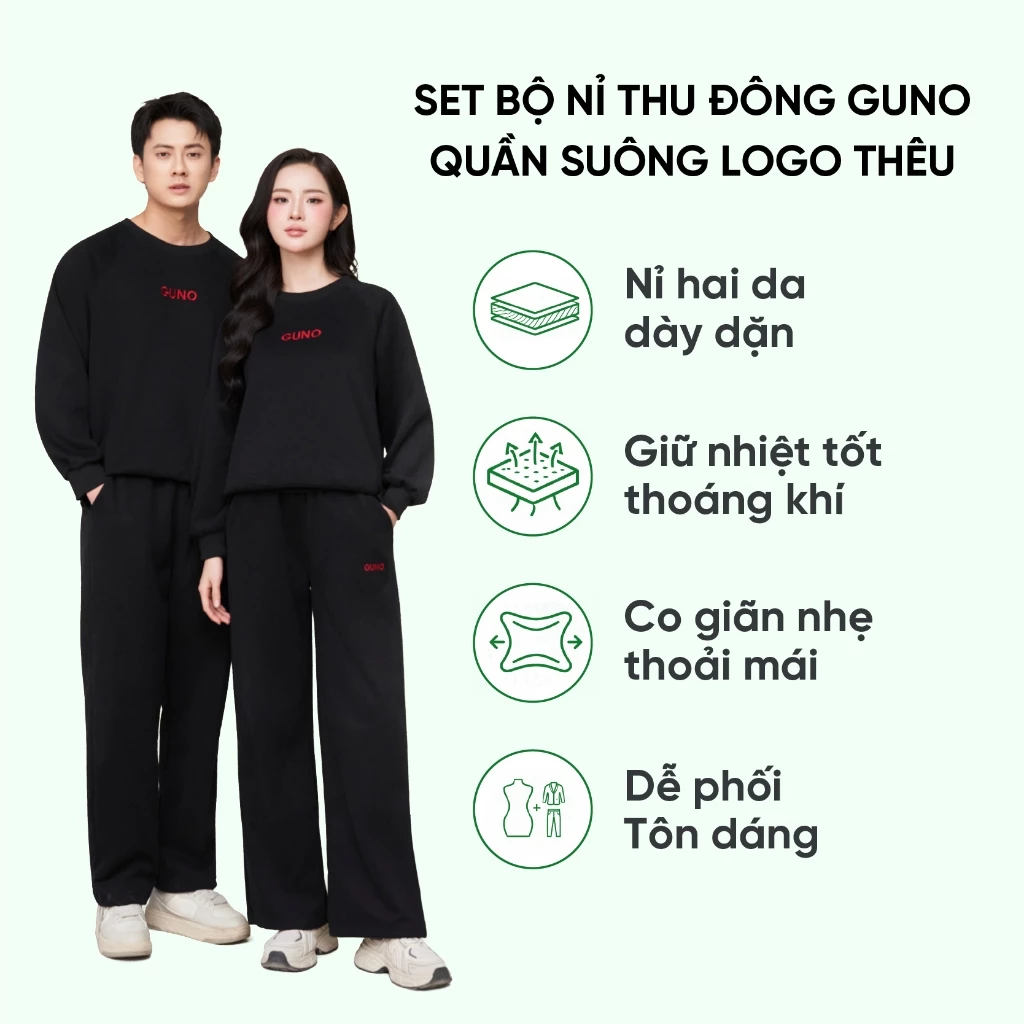 [HOT] Bộ quần áo nỉ thu đông GUNO nam nữ quần suông logo thêu basic dễ phối 26BG70/BB71