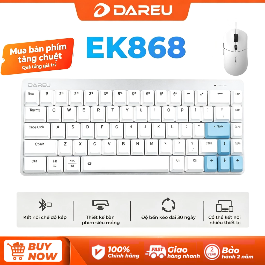 Bàn phím cơ DAREU EK868 Cloud Blue (Trắng) nhỏ gọn tinh tế 68 key - Hai chế độ - Bảo hành 24 thán-Bộ bàn phím và chuột