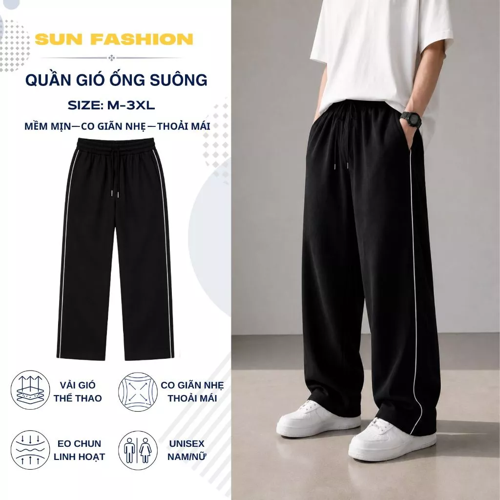 Quần Gió Y01 ống suông nam, nữ thiết kế cạp chun SUN màu ĐEN basic dễ phối, vải mềm mịn thoải mái hoạt động Ong Menswe