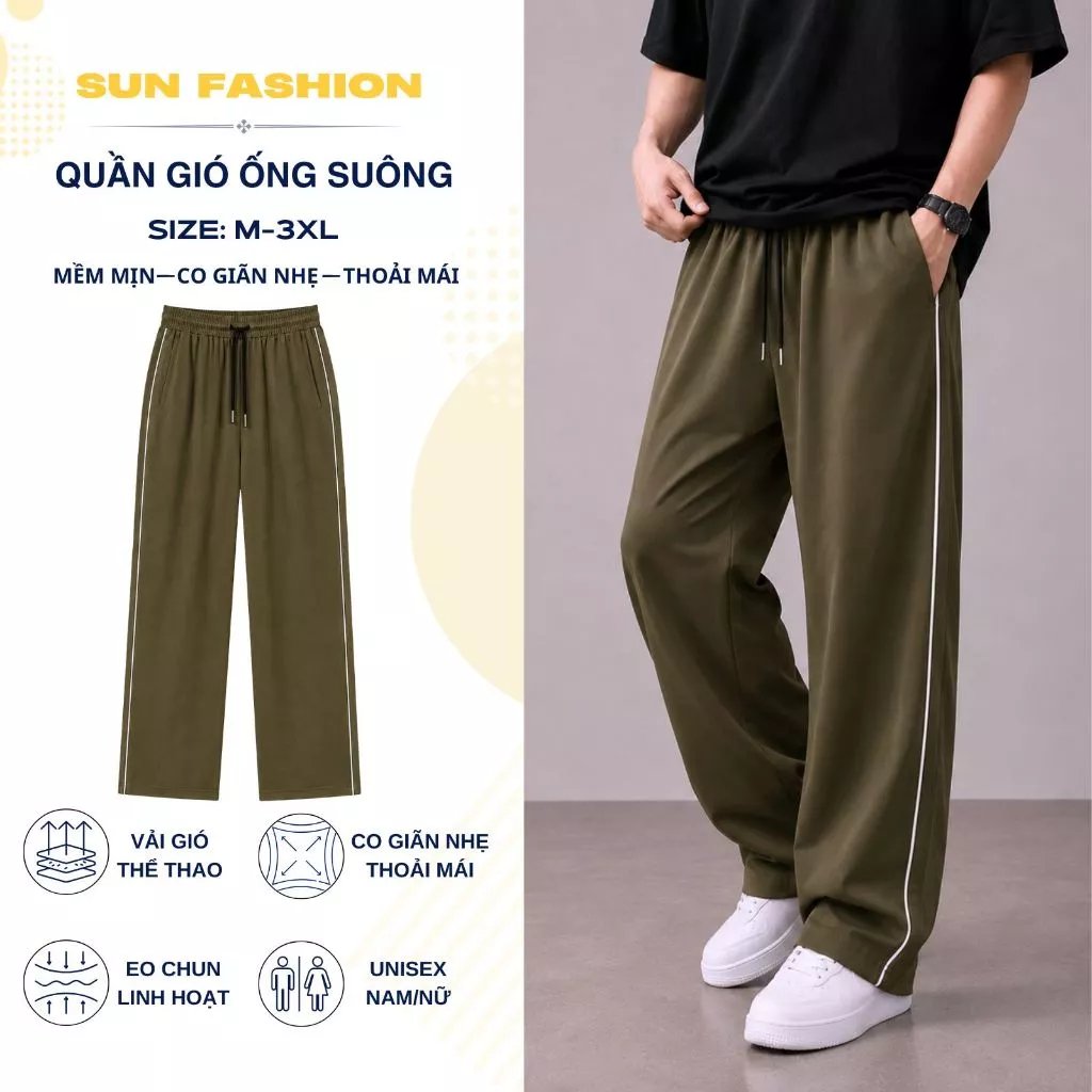 Quần Gió Y01 ống suông nam, nữ thiết kế cạp chun SUN màu NÂU basic dễ phối, vải mềm mịn thoải mái hoạt động Ong Menswe