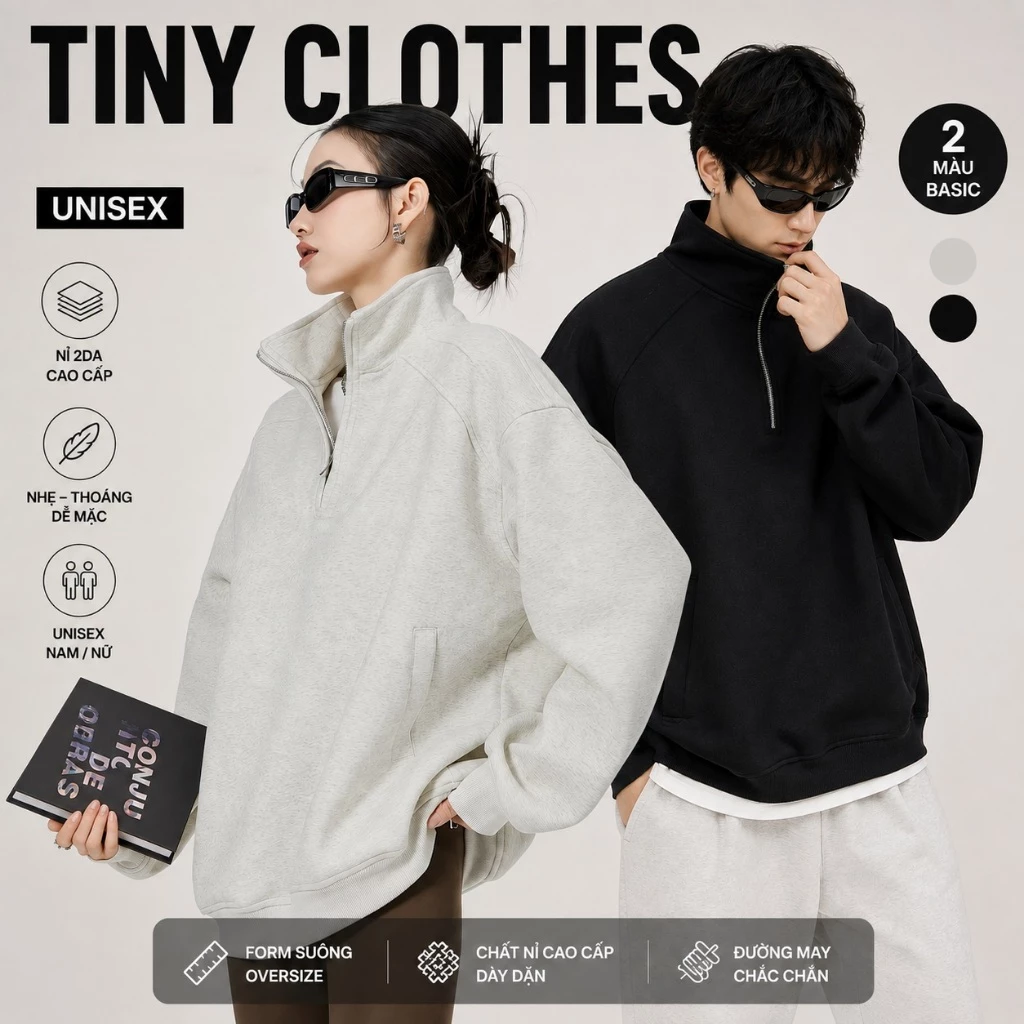 Áo Nỉ Nam Nữ Khóa Kéo HALF ZIP Cổ Đứng Oversize, Áo Sweater Polo Form Rộng Sweatshirt Nỉ 2Da Unisex Thu Đông
