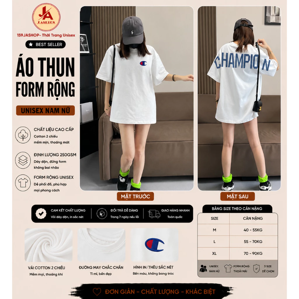 Áo thun form rộng CHAMPION Full Lưng Nam Nữ  Chất Vải Cotton cao cấp Co Giãn Thoáng Mát