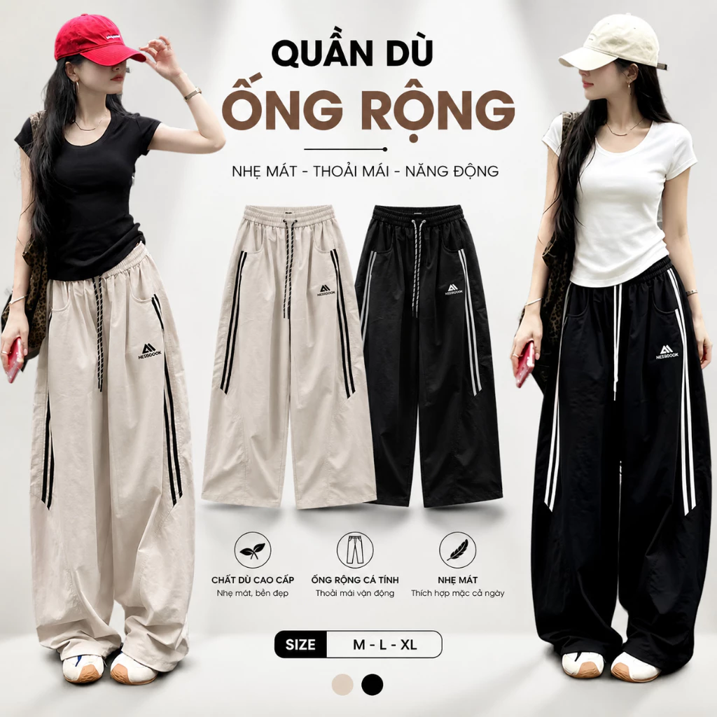Quần Dù Ống Rộng Nữ Form Baggy Thêu NGSSCCOOK Cạp Chun Phối Sọc, Quần Gió Nhăn Thể Thao Streetwear Unisex Nhẹ Đi Chơi