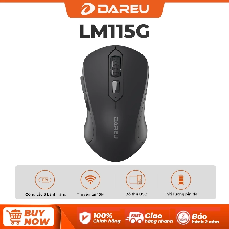 Chuột không dây DAREU LM115G Đen I Wireless 2.4 Ghz I Tặng Kèm Pin 2 năm chính hãng