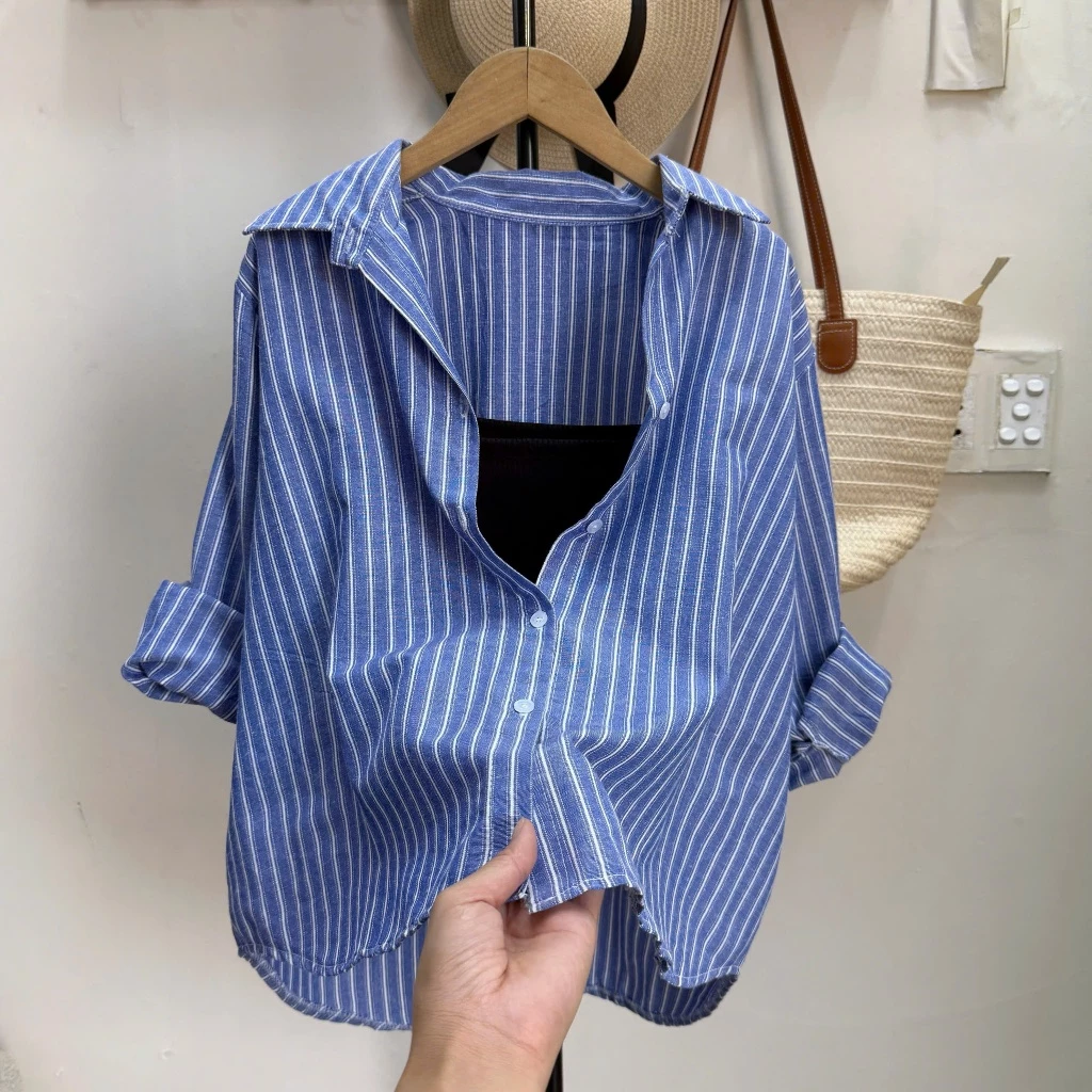 Áo Sơ Mi Bigsize Kẻ Sọc Phom Rộng Basic Dài Tay Thanh Lịch Vạt Bầu Phối Áo Thun Hai Dây Size 50-95kg - (A328+G118)