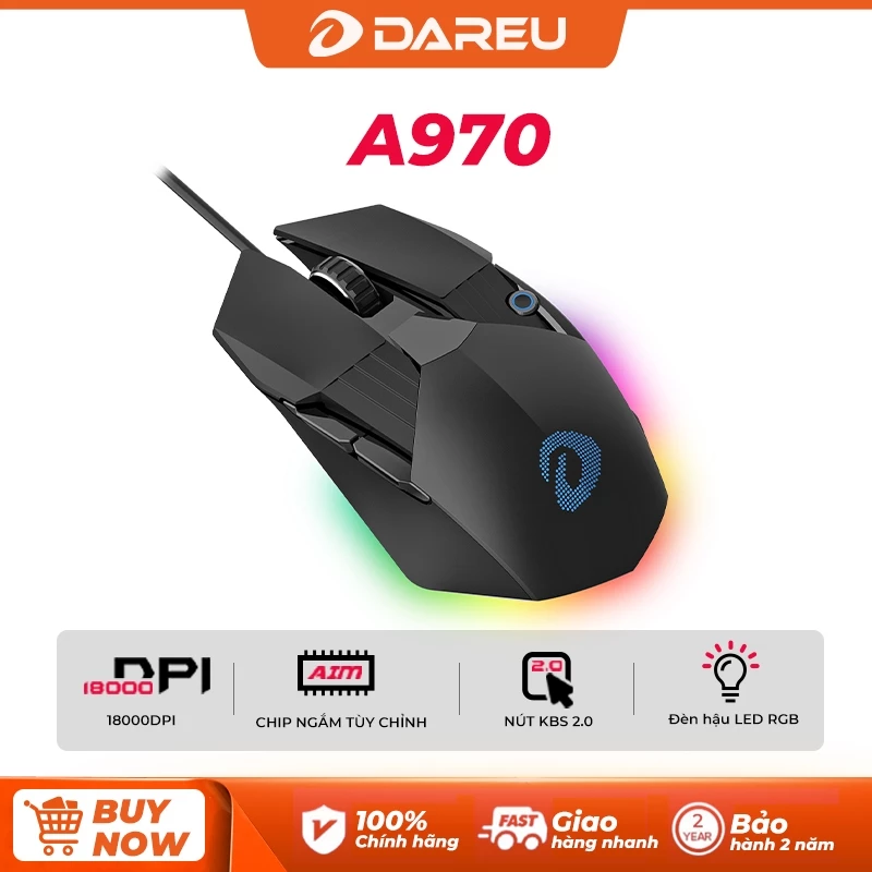 Chuột chơi game dây DAREU A970 Tần số phản hồi 1KHz Trọng lượng nhẹ 83g Độ phân giải 18K DPI
